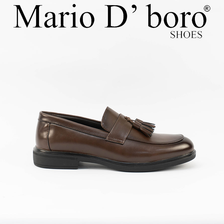 Mario D' boro Men's MZ 27041 C100 Black / Dark Brown leather tassel loafers with rubber soles for formal wear.