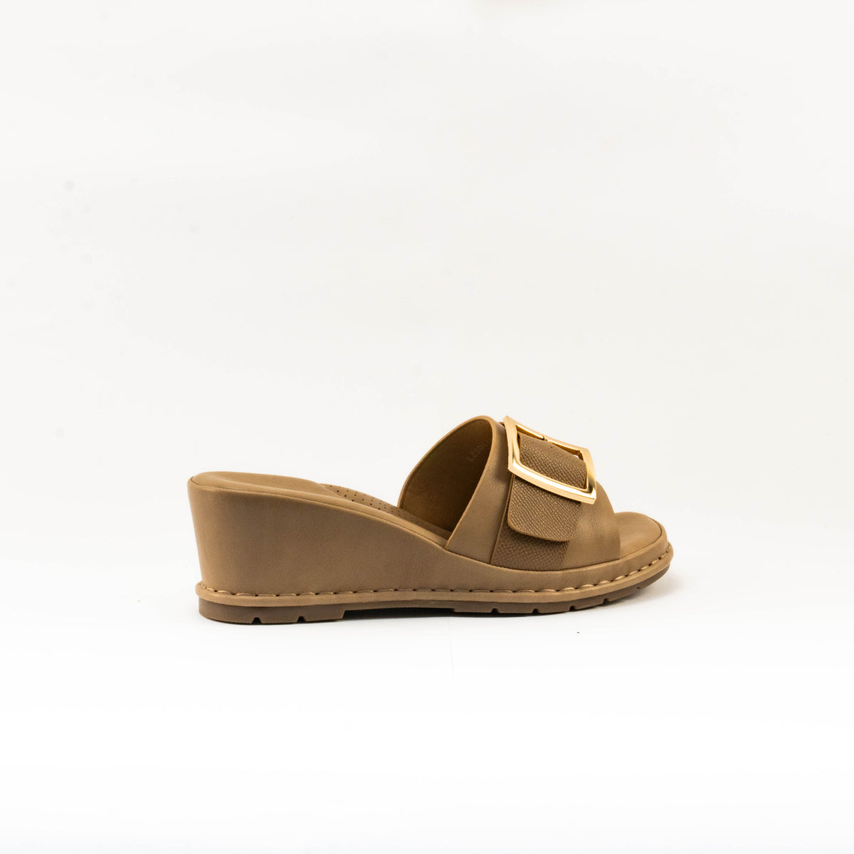 Mario D' boro Women's LZ 30445 C99 Black / Taupe wedge sandal with gold buckle strap.