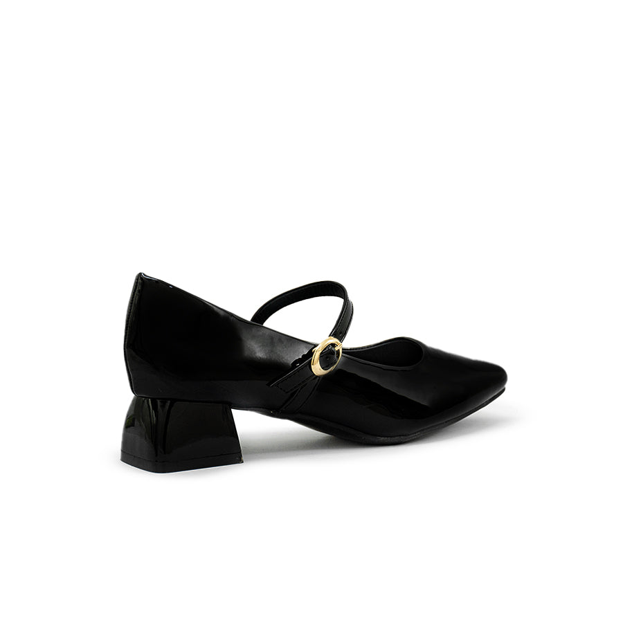 Mario D' boro LZ 30114 C97 Black patent Mary Jane shoe with square heel and gold buckle strap.
