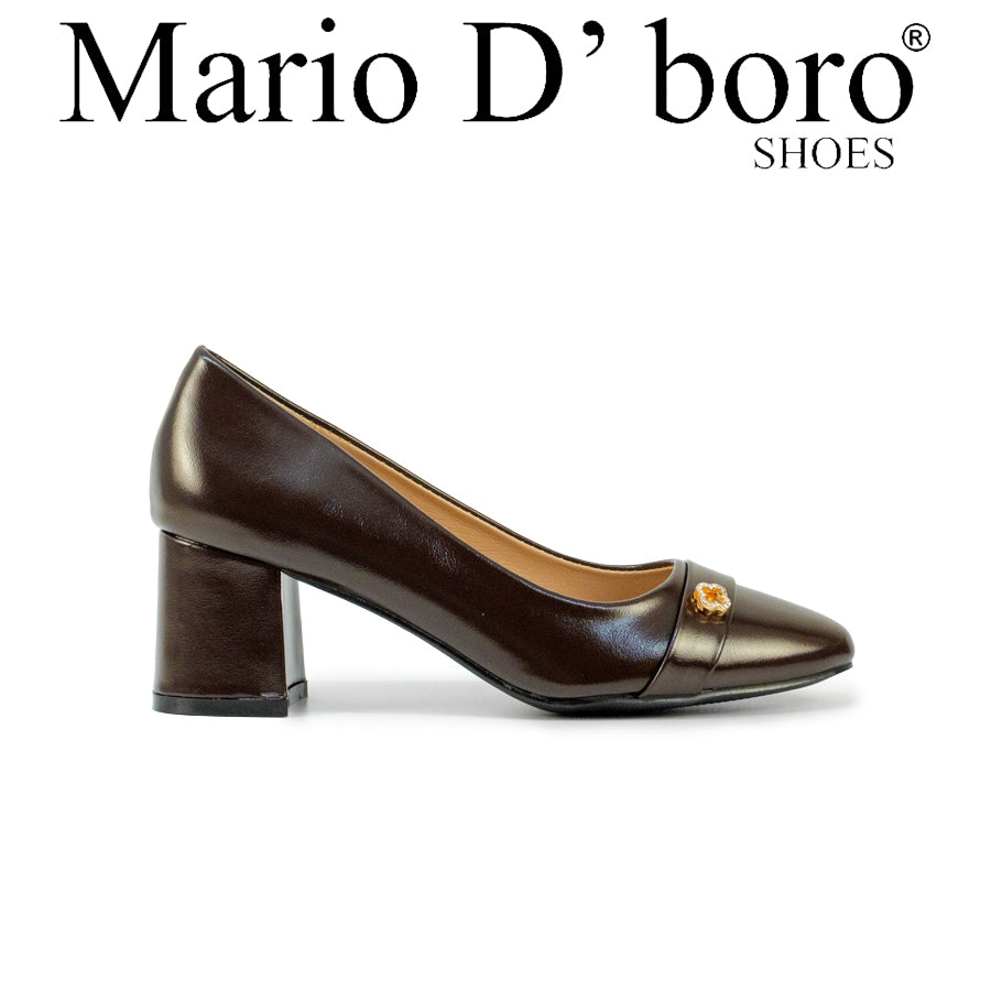 Mario D' boro LZ 30575 C102 Women's Black / Dark Brown pump with block heel and gold embellishment.
