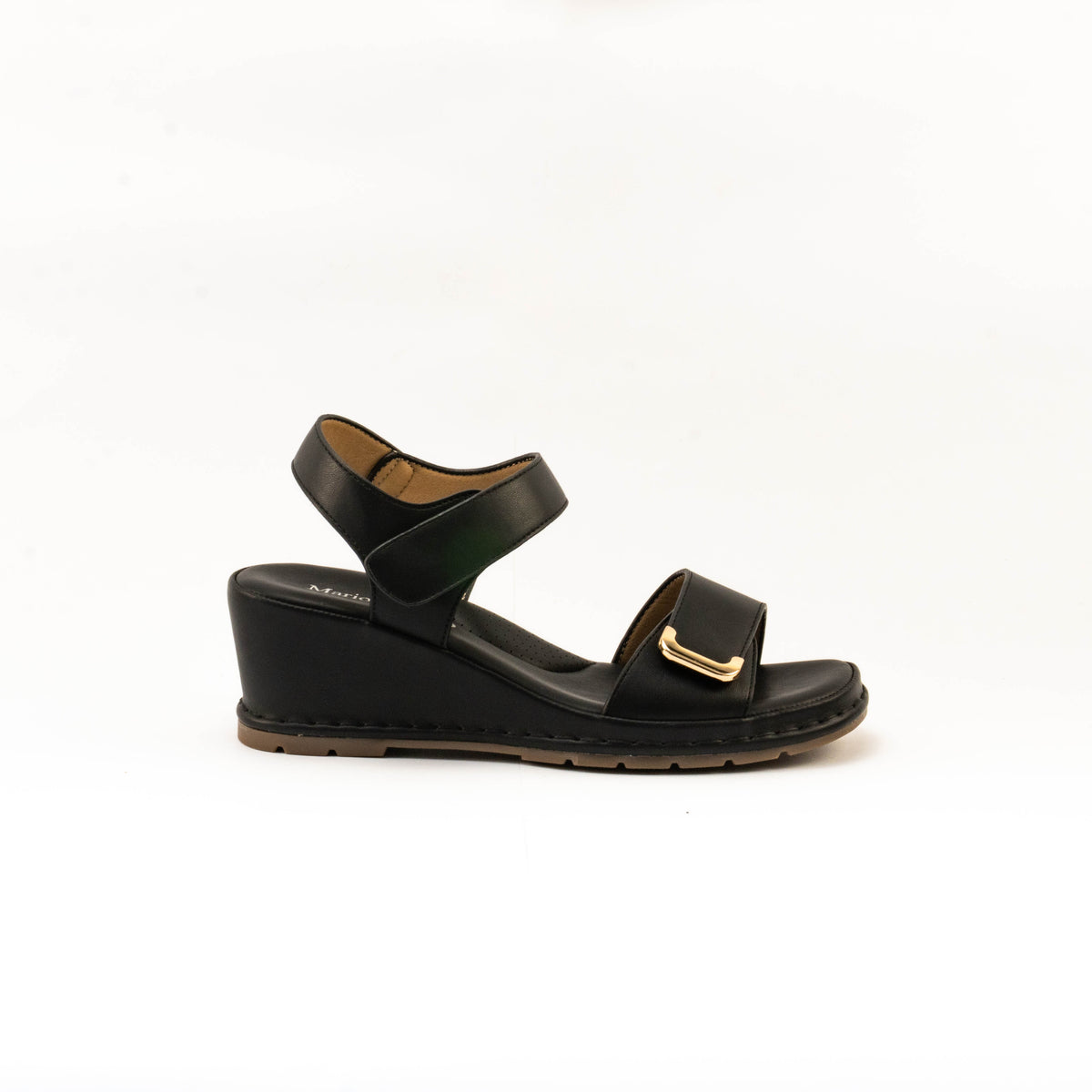 Mario D' boro Women's LZ 30447 C99 Black / Light Beige wedge sandal with ankle strap and gold buckle.