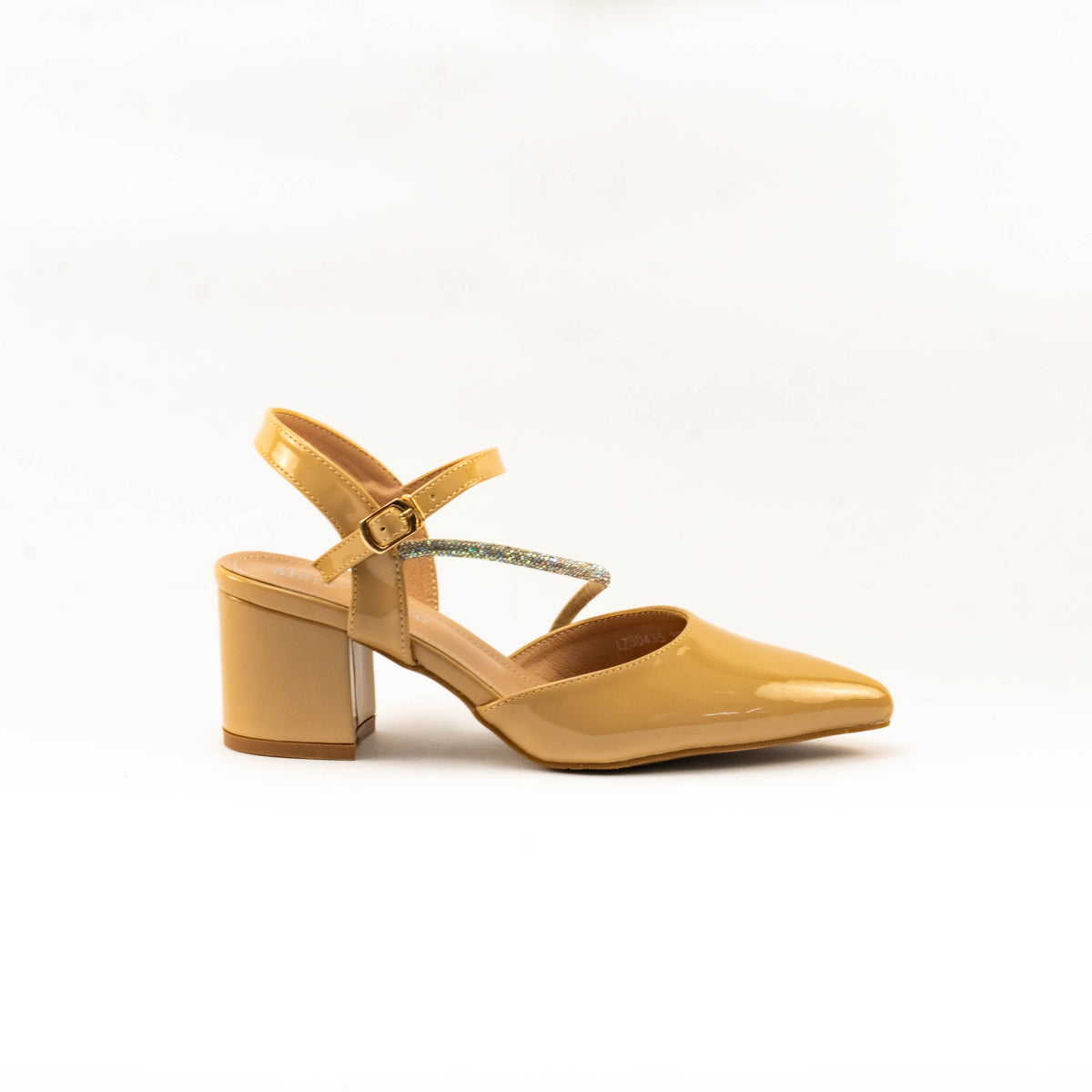 Mario D' boro Women's LZ 30435 C99 Beige / Taupe patent evening sandals with pointed toe block heel slingback shoe with ankle strap
