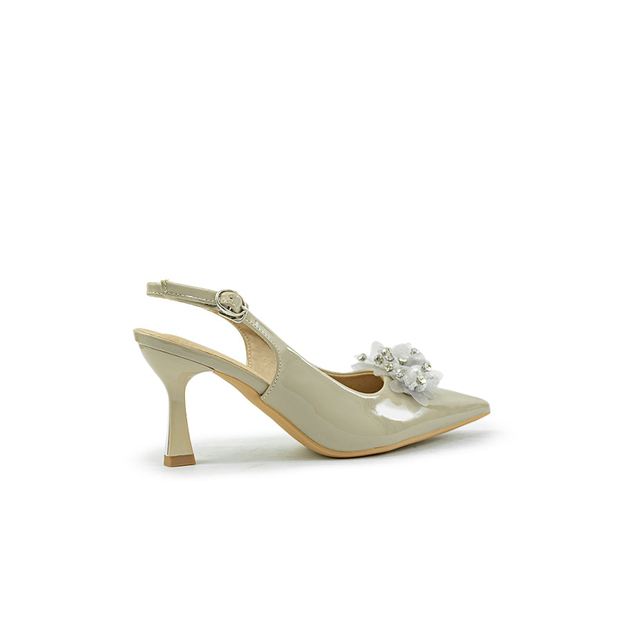 Mario D' boro LY 29665 C90 Brown / Taupe patent leather slingback high heel with pointed toe and decorative yellow flower embellishment.