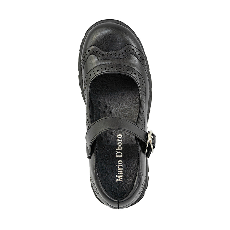 Mario D' boro Kids Girls KZ 24100 C91 Black Mary Jane shoe with strap and flower detail.