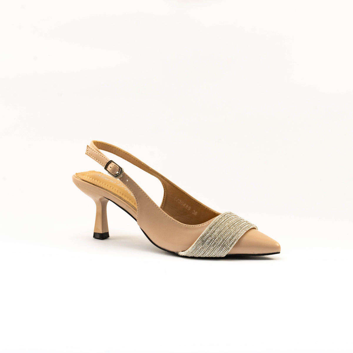 Mario D' boro Women's LZ 30489 C99 Off White / Taupe slingback evening sandals with pointed toe and decorative strap.