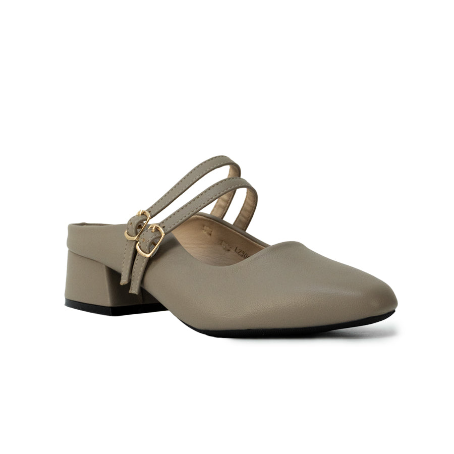 Mario D' boro LZ 30632 C102 Light Beige / Taupe Women's heeled mule with two straps and gold buckles.