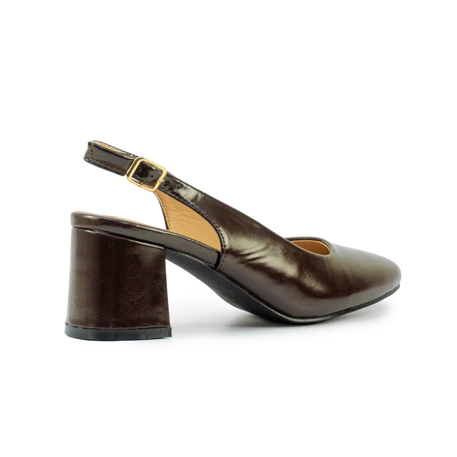 Mario D' boro LZ 30574 C102 Black / Dark Brown patent leather slingback heeled with block heel and adjustable buckle strap.
