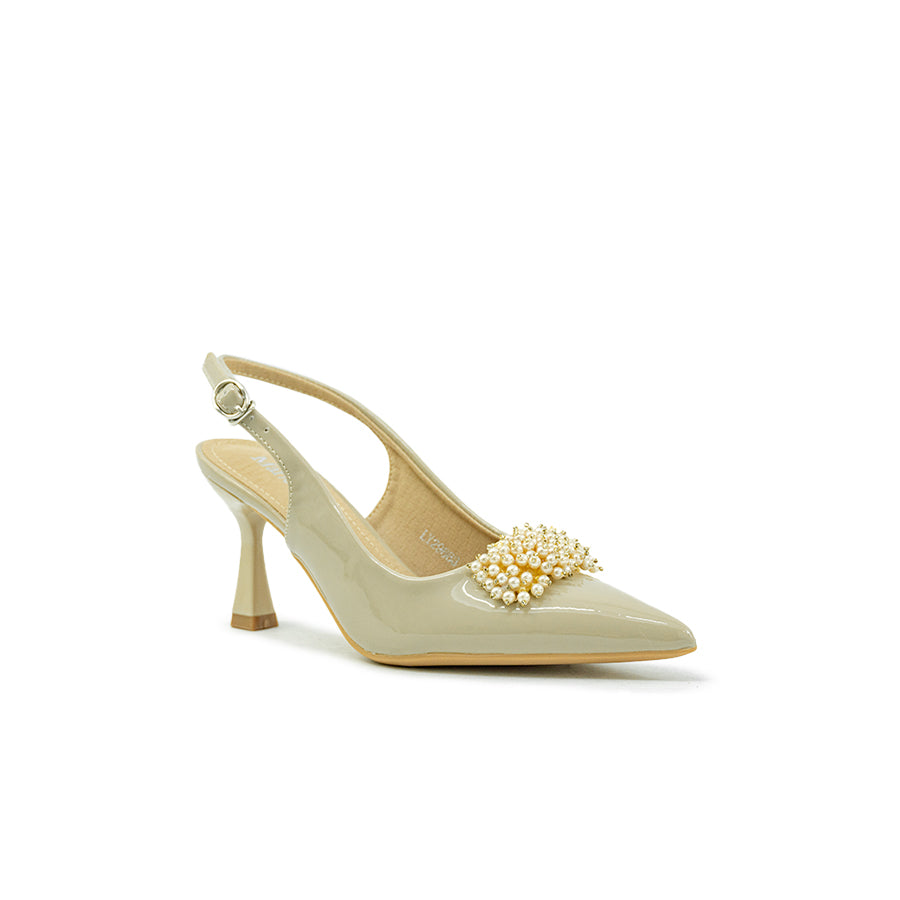 Mario D' boro LY 29663 Old Rose / Taupe patent slingback high heel with pointed toe and decorative pearl embellishment.