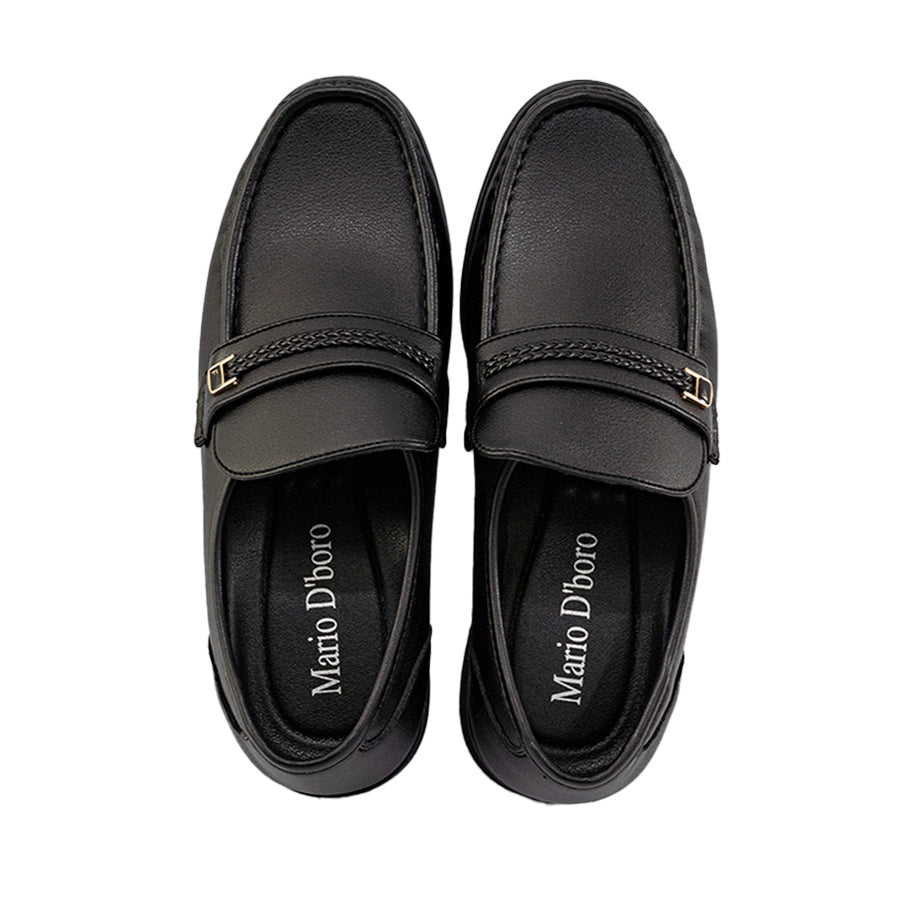 Mario D' boro Men's Formal MZ 27217 C95 Black leather men's loafer with gold buckle detail. Flat sole, closed toe, smooth finish. Suitable for formal or business casual wear.