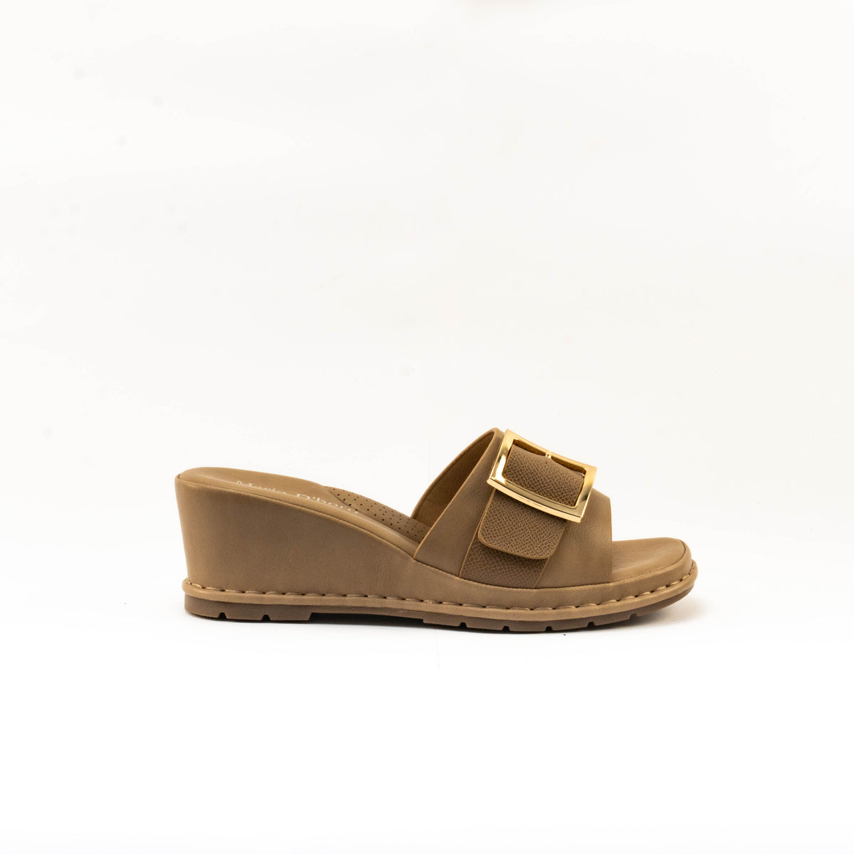 Mario D' boro Women's LZ 30445 C99 Black / Taupe wedge sandal with gold buckle strap.