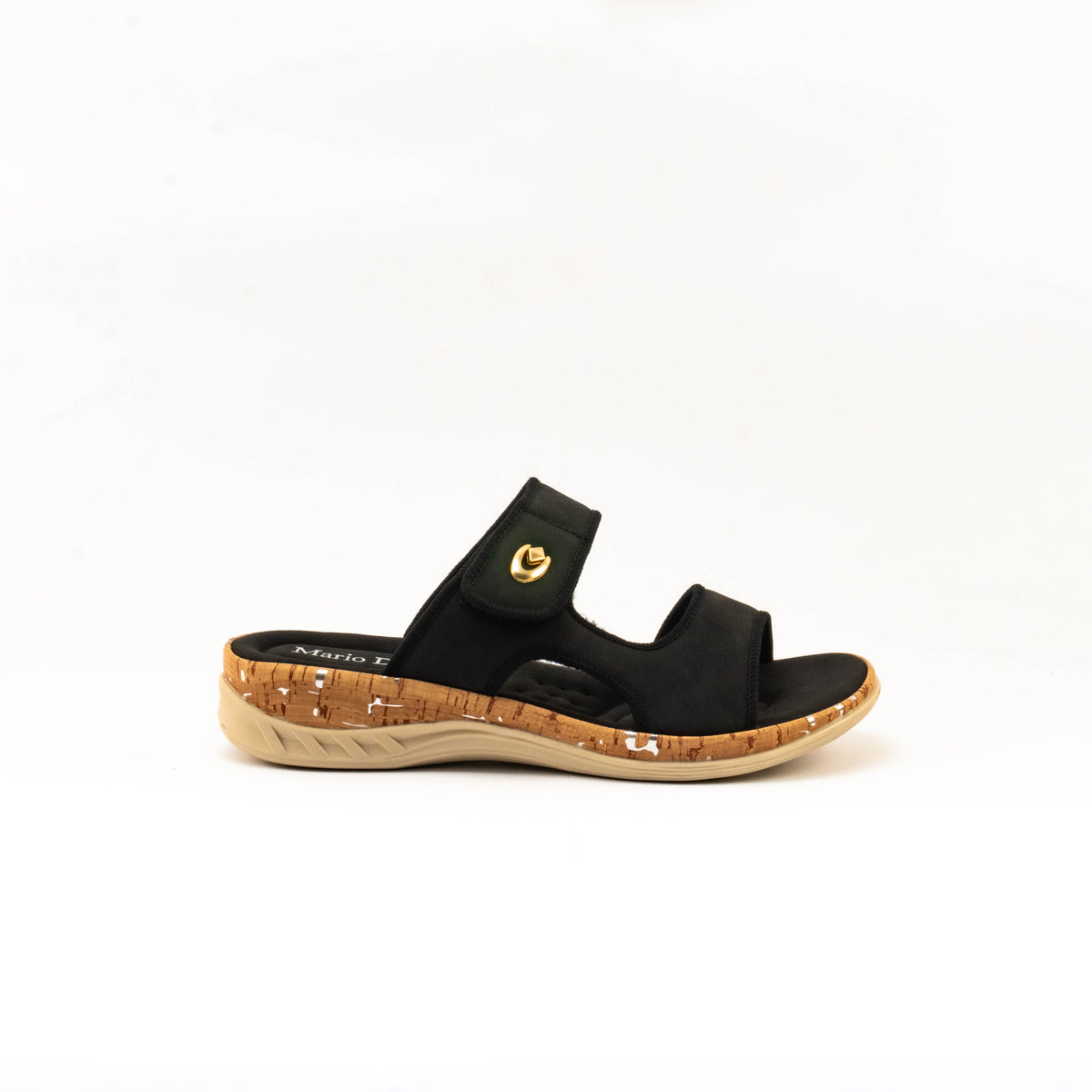 Mario D' boro Women's LZ 30542 C99 Black / Brown slip-on sandal with cork sole and gold emblem.
