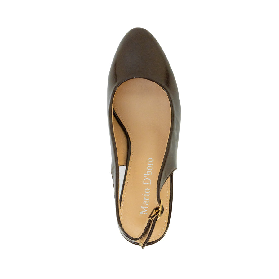 Mario D' boro LZ 30574 C102 Black / Dark Brown patent leather slingback heeled with block heel and adjustable buckle strap.