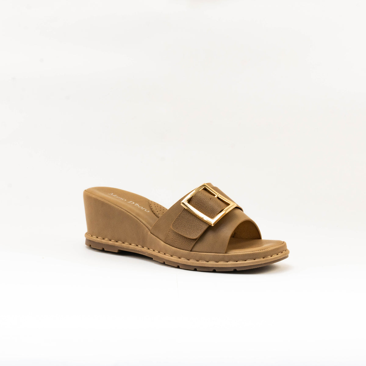 Mario D' boro Women's LZ 30445 C99 Black / Taupe wedge sandal with gold buckle strap.
