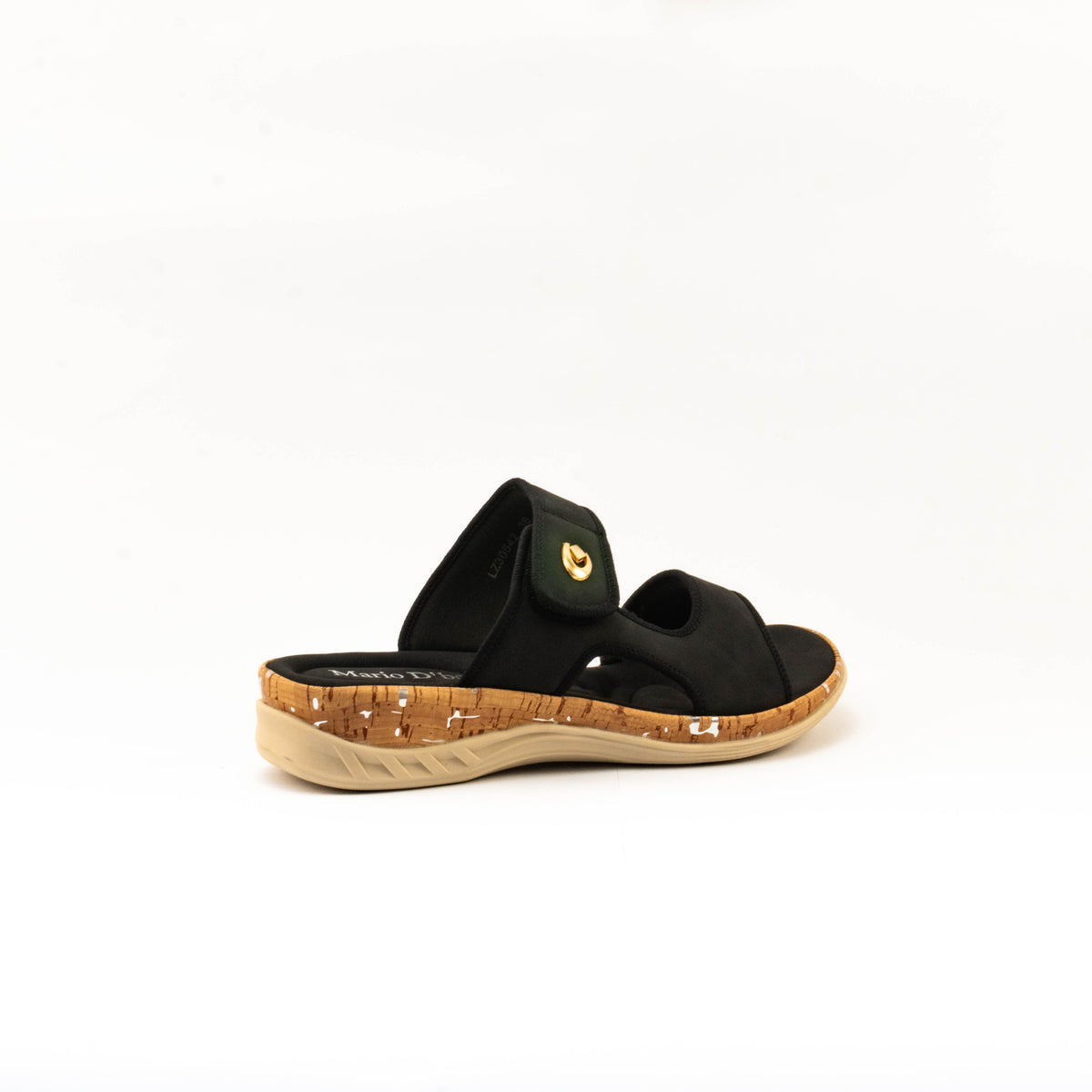 Mario D' boro Women's LZ 30542 C99 Black / Brown slip-on sandal with cork sole and gold emblem.