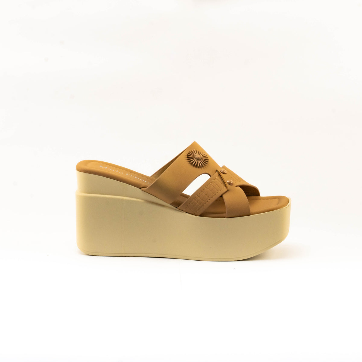 Mario D' boro Women's LZ 27834 C99 Beige / Black wedge sandals with platform sole and decorative sun emblem.