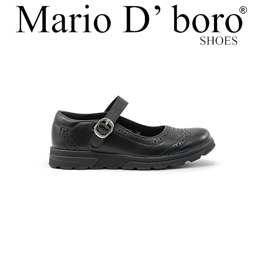 Mario D' boro Kids Girls KZ 24099 C91 Black Mary Jane shoe with buckle strap and brogue detailing. Flat sole suitable for casual wear.