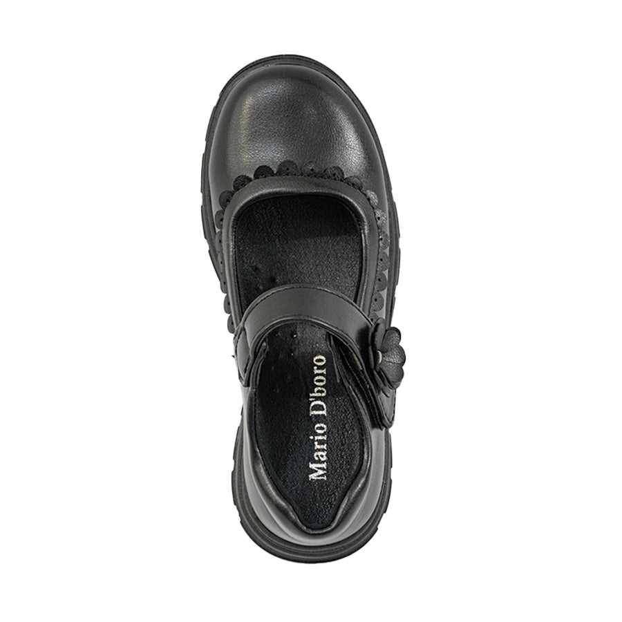 Mario D' boro Kids Girls KZ 24099 C91 Black Mary Jane shoe with buckle strap and brogue detailing. Flat sole suitable for casual wear.