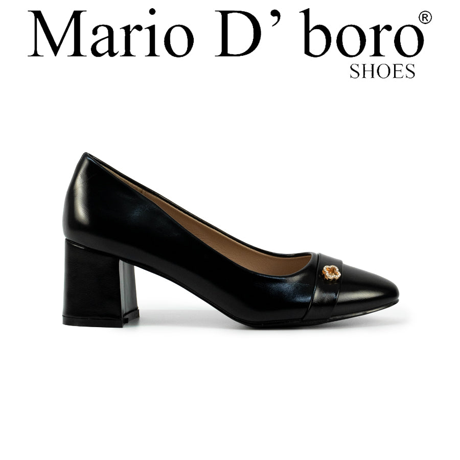 Mario D' boro LZ 30575 C102 Women's Black / Dark Brown pump with block heel and gold embellishment.
