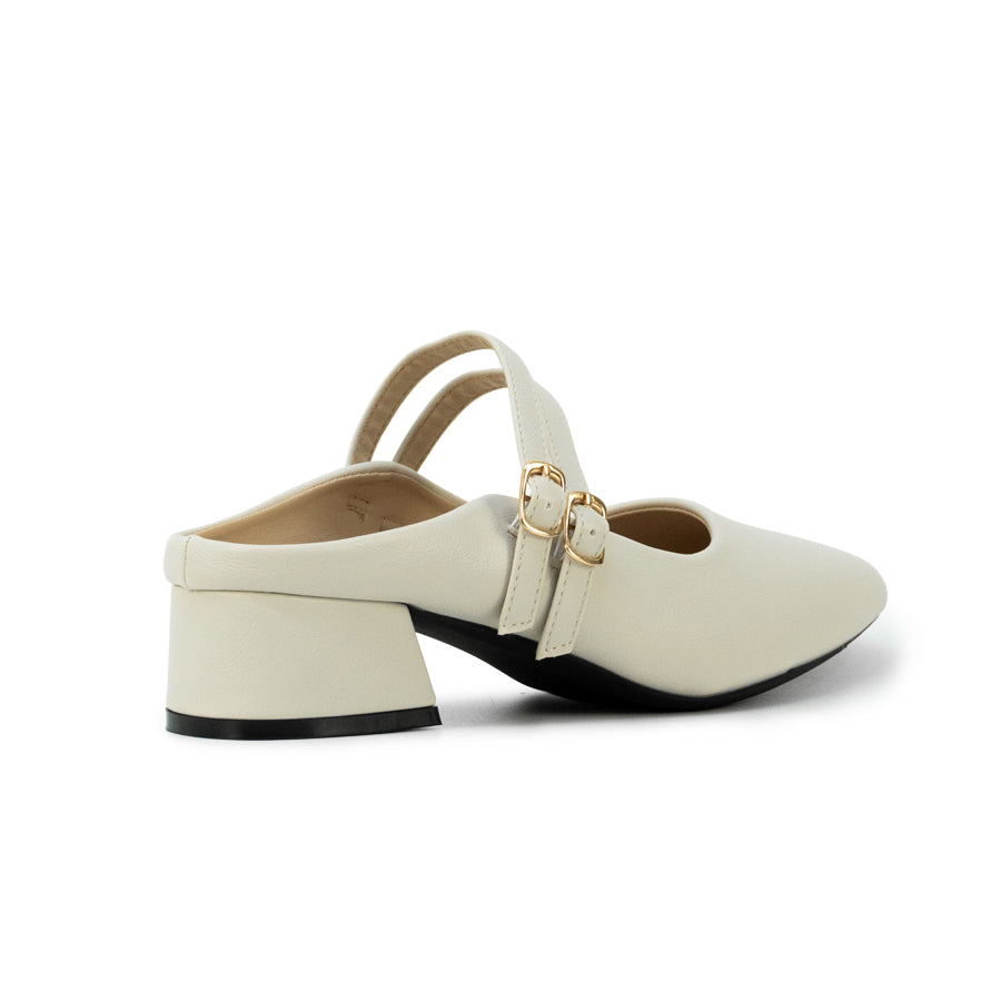 Mario D' boro LZ 30632 C102 Light Beige / Taupe Women's heeled mule with two straps and gold buckles.