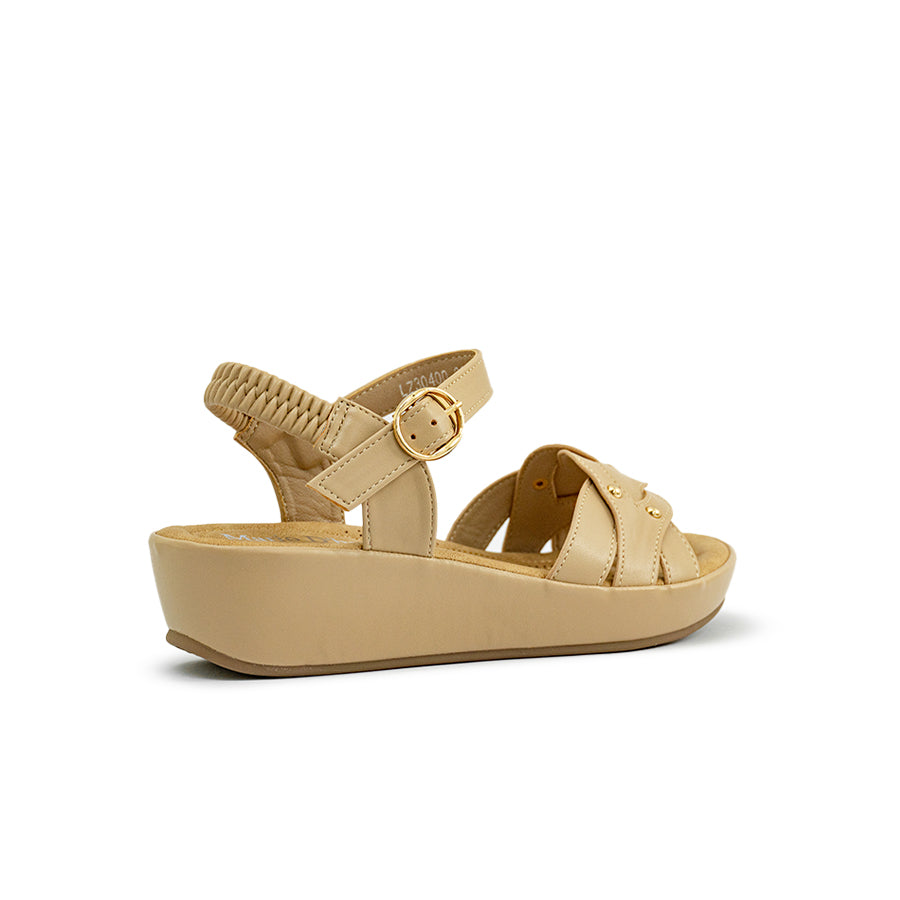 Mario D' boro Women's LZ 30400 C97 Beige / Dark Brown wedge sandal with ankle strap and decorative studs.