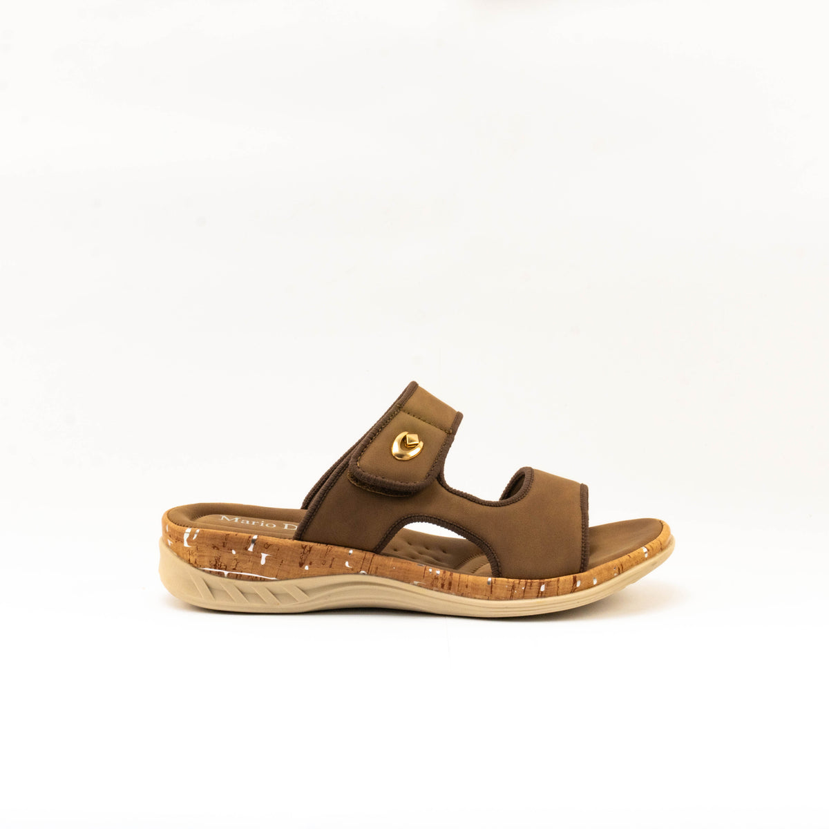 Mario D' boro Women's LZ 30542 C99 Black / Brown slip-on sandal with cork sole and gold emblem.