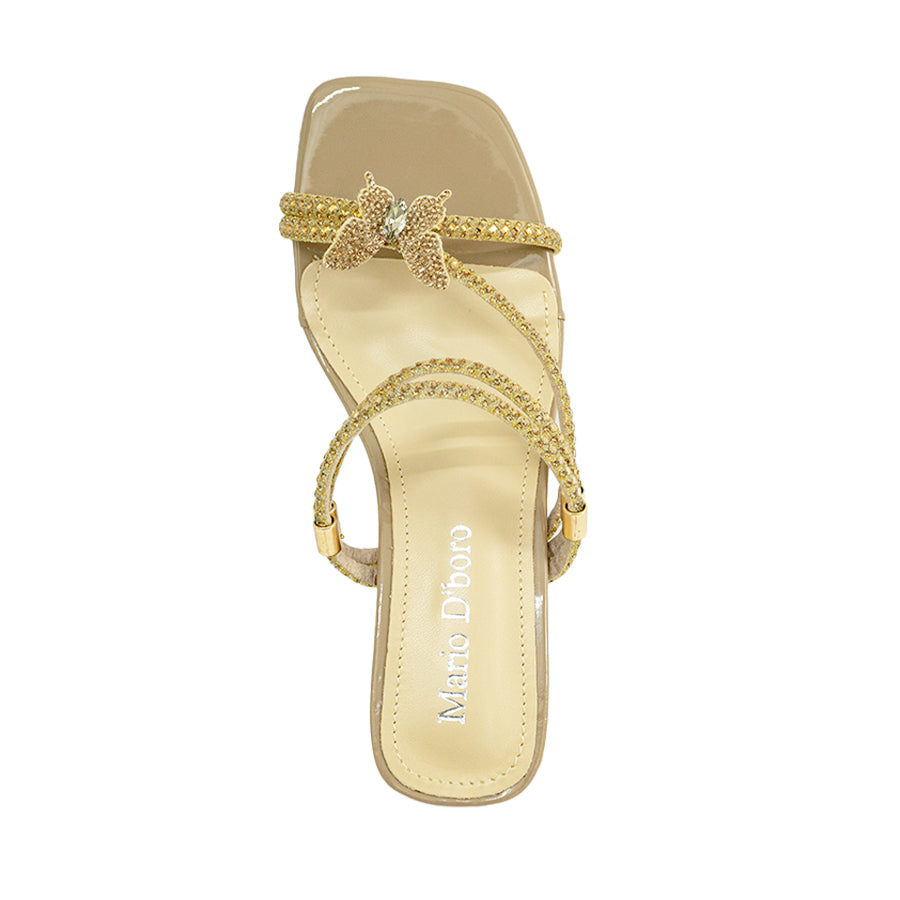 Mario D' boro LZ 30408 Beige Gold / Taupe Silver Strappy Heeled Sandal with Block Heel and Beaded Straps