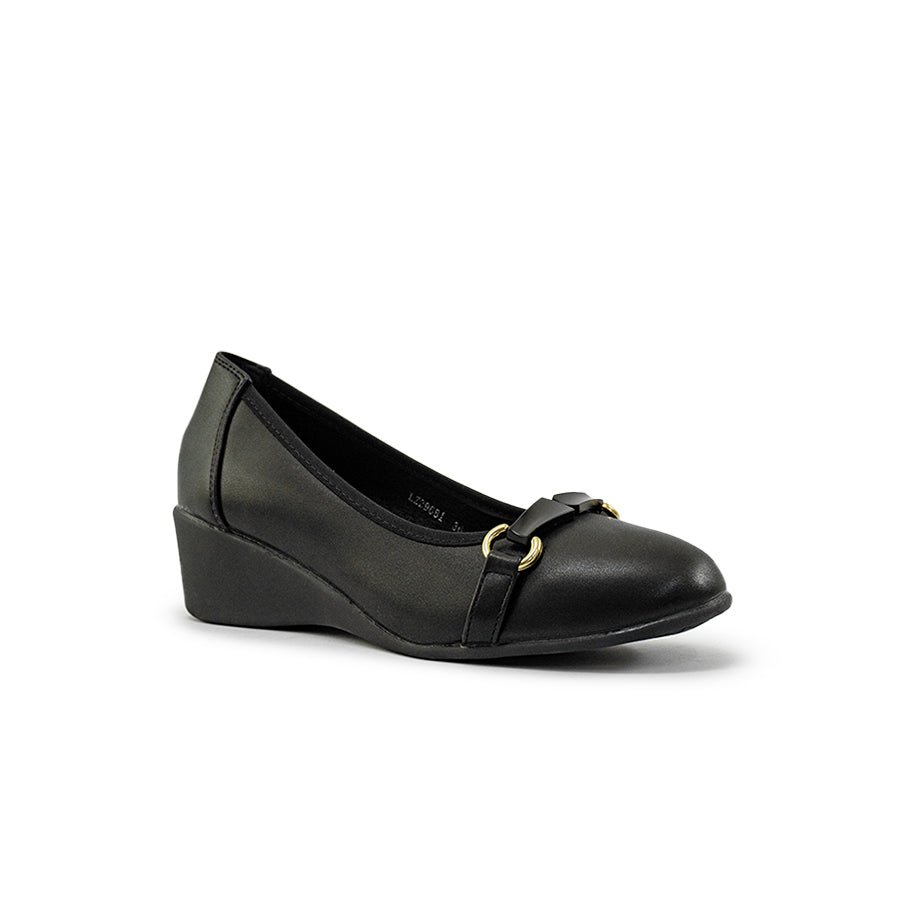 Mario D' boro Women's LZ 29681 C94 Black wedge heel School Shoes with gold buckle detail.
