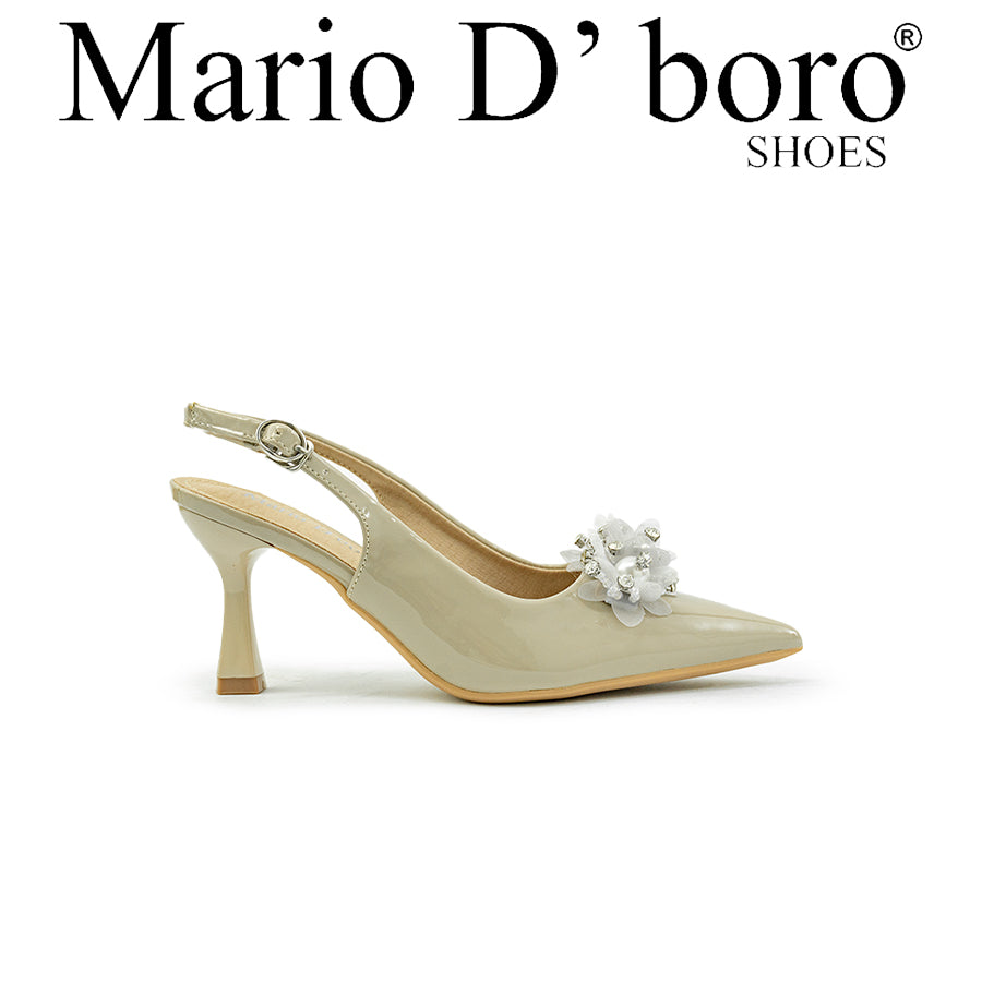 Mario D' boro LY 29665 C90 Brown / Taupe patent leather slingback high heel with pointed toe and decorative yellow flower embellishment.