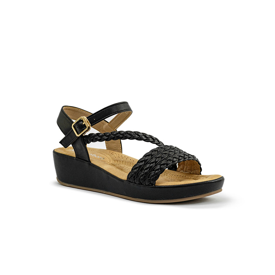 Mario D' boro LZ 30399 Black / White C97 braided wedge sandal with ankle strap and gold buckle.