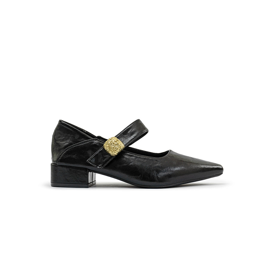 Mario D' boro Women's LZ 30311 C97 Black Mary Jane shoe with gold buckle and block heel.
