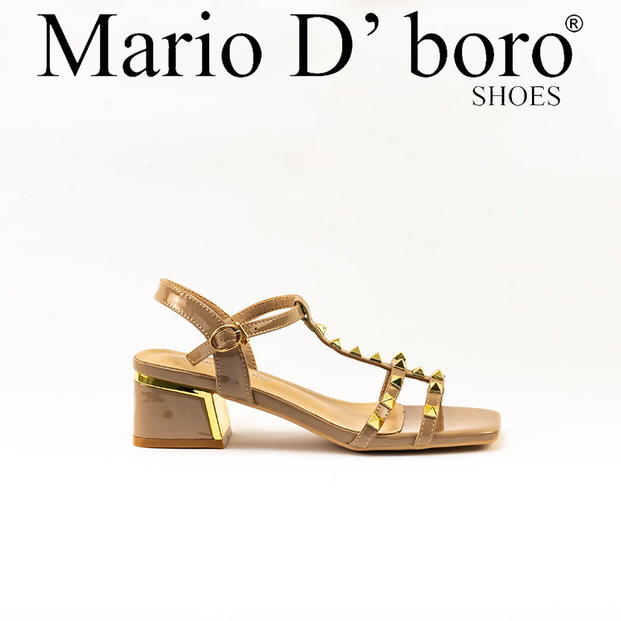 Mario D' boro Women's LZ 30411 C99 Beige / Taupe studded block heel sandal with ankle strap and square toe.