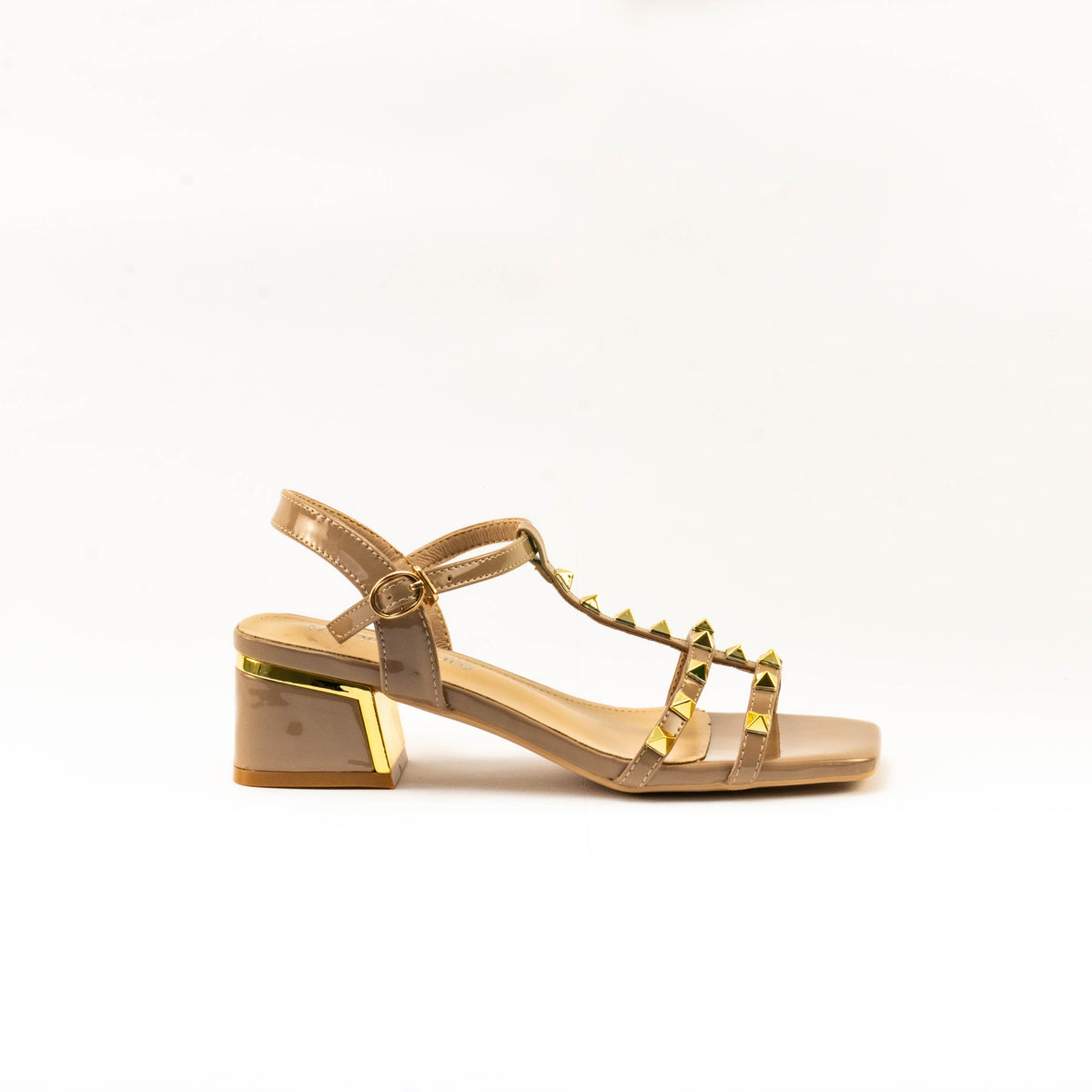 Mario D' boro Women's LZ 30411 C99 Beige / Taupe studded block heel sandal with ankle strap and square toe.