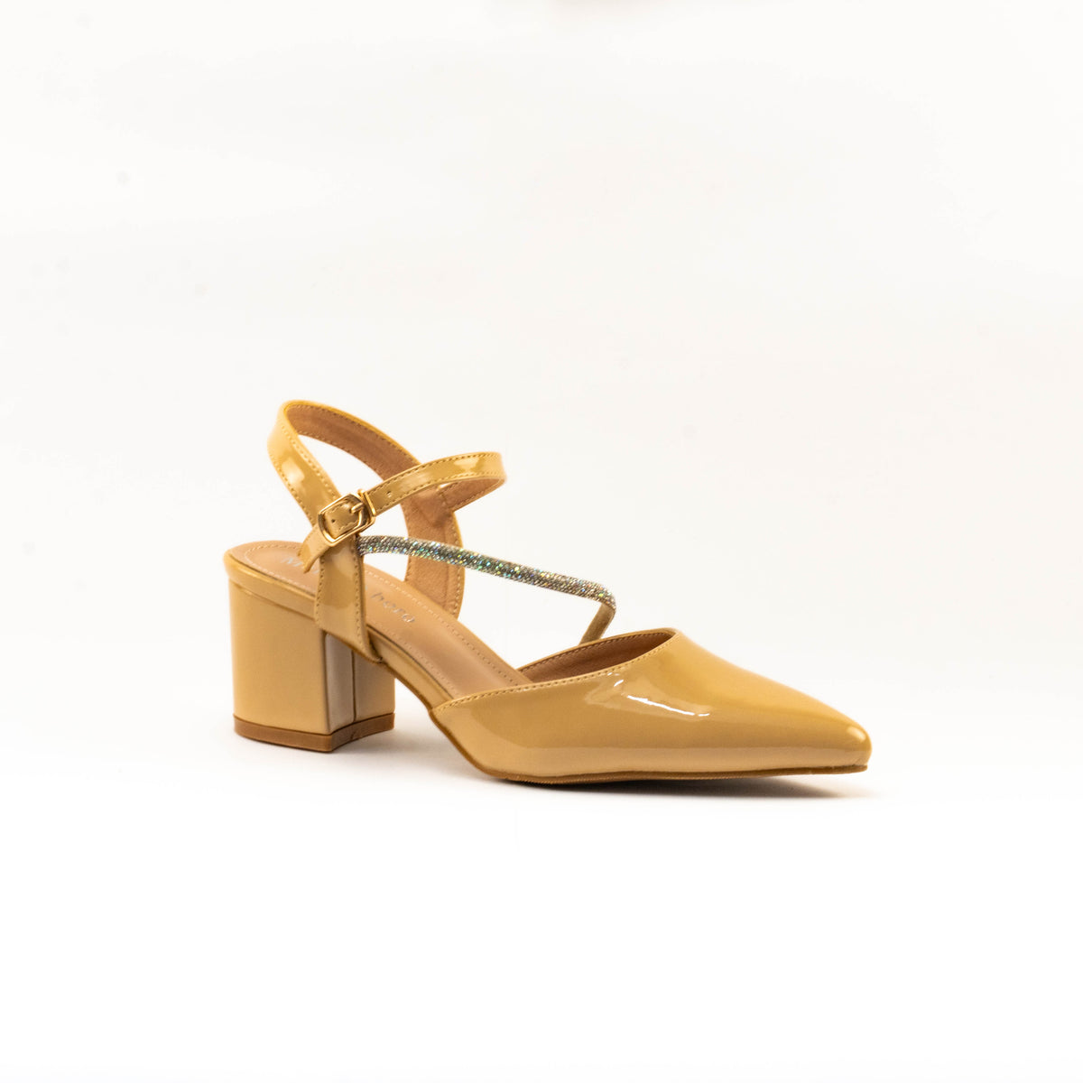 Mario D' boro Women's LZ 30435 C99 Beige / Taupe patent evening sandals with pointed toe block heel slingback shoe with ankle strap