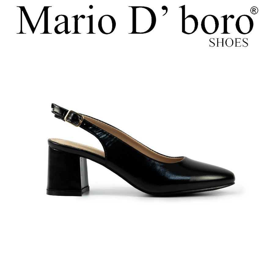 Mario D' boro LZ 30574 C102 Black / Dark Brown patent leather slingback heeled with block heel and adjustable buckle strap.