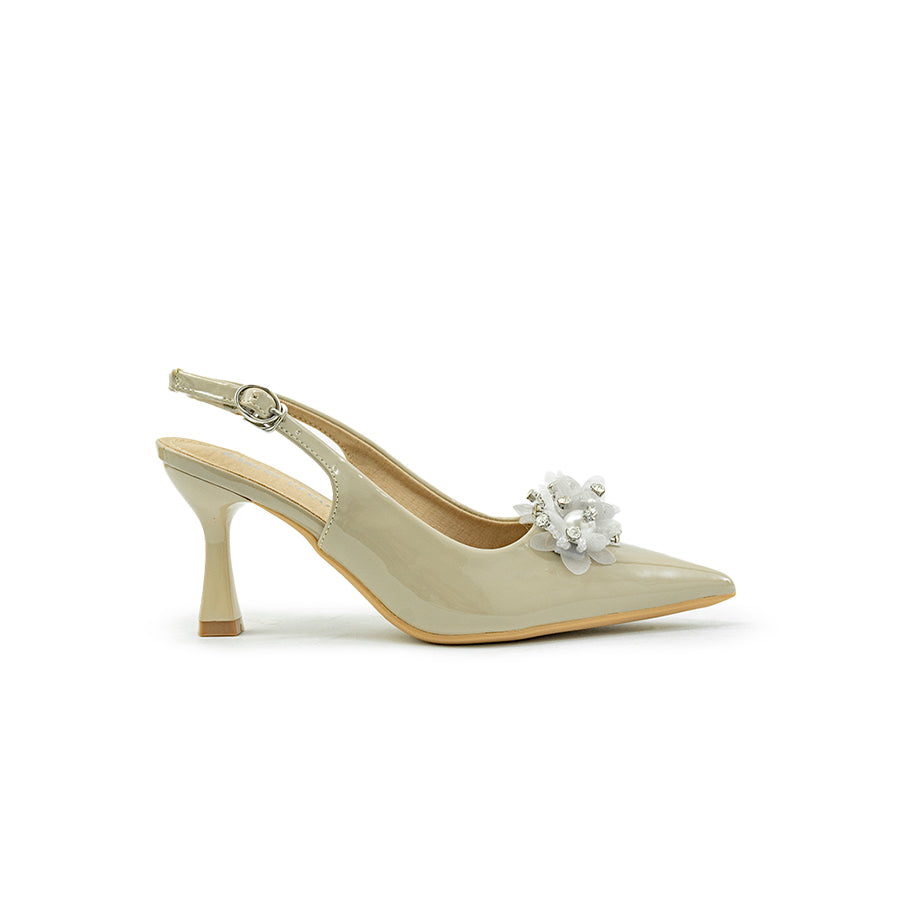 Mario D' boro LY 29665 C90 Brown / Taupe patent leather slingback high heel with pointed toe and decorative yellow flower embellishment.