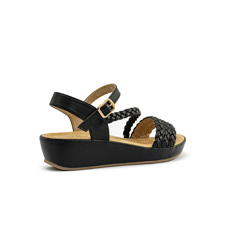Mario D' boro LZ 30399 Black / White C97 braided wedge sandal with ankle strap and gold buckle.