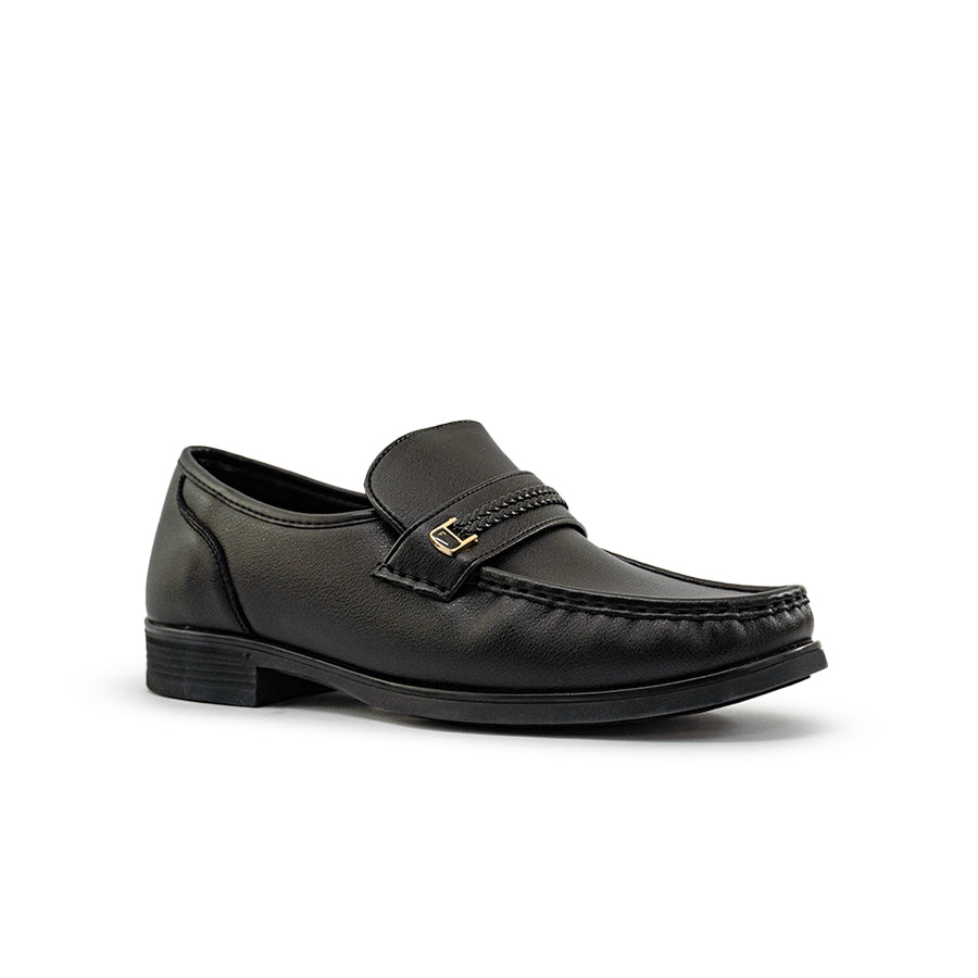 Mario D' boro Men's Formal MZ 27217 C95 Black leather men's loafer with gold buckle detail. Flat sole, closed toe, smooth finish. Suitable for formal or business casual wear.
