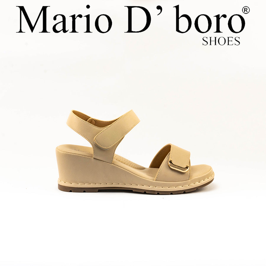 Mario D' boro Women's LZ 30447 C99 Black / Light Beige wedge sandal with ankle strap and gold buckle.