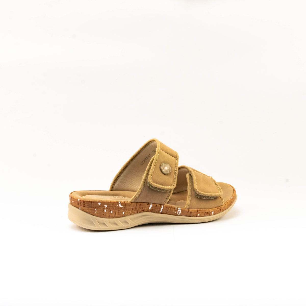 Mario D' boro Women's LZ 30541 C99 Beige / Dark Brown slip-on sandal with two adjustable straps and cork sole.