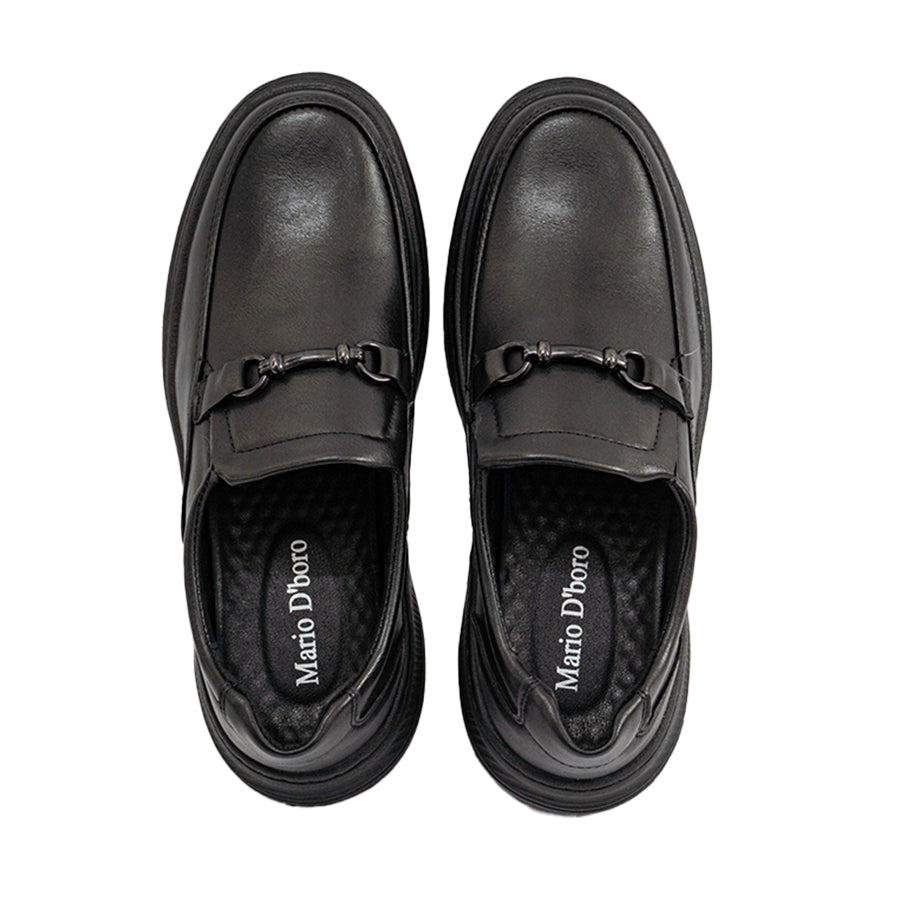 Mario D' boro Men's Formal MZ 27343 C96 Black leather slip-on shoe with decorative buckle and thick sole.