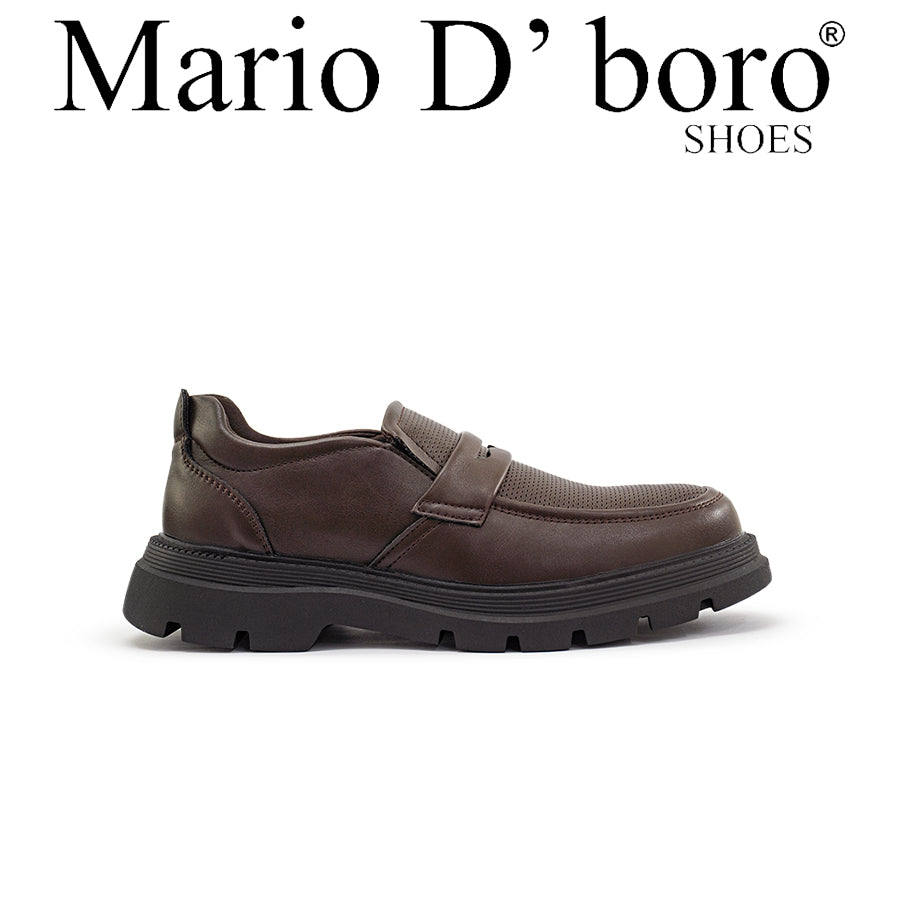 Mario D' boro Men's Formal MZ 27136 Black / Dark Brown leather slip-on shoe with thick rugged sole and textured upper.