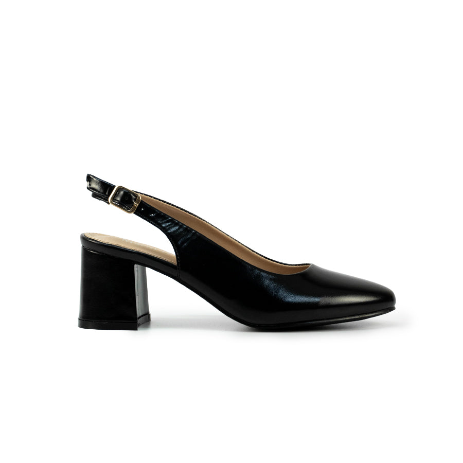 Mario D' boro LZ 30574 C102 Black / Dark Brown patent leather slingback heeled with block heel and adjustable buckle strap.