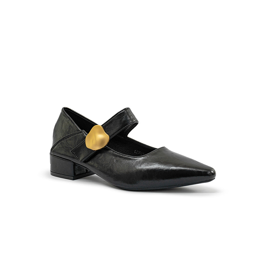 Mario D' boro Women's LZ 30312 C97 Black leather Mary Jane shoe with gold heart buckle and low block heel.