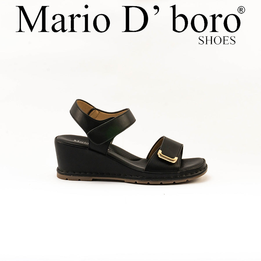 Mario D' boro Women's LZ 30447 C99 Black / Light Beige wedge sandal with ankle strap and gold buckle.