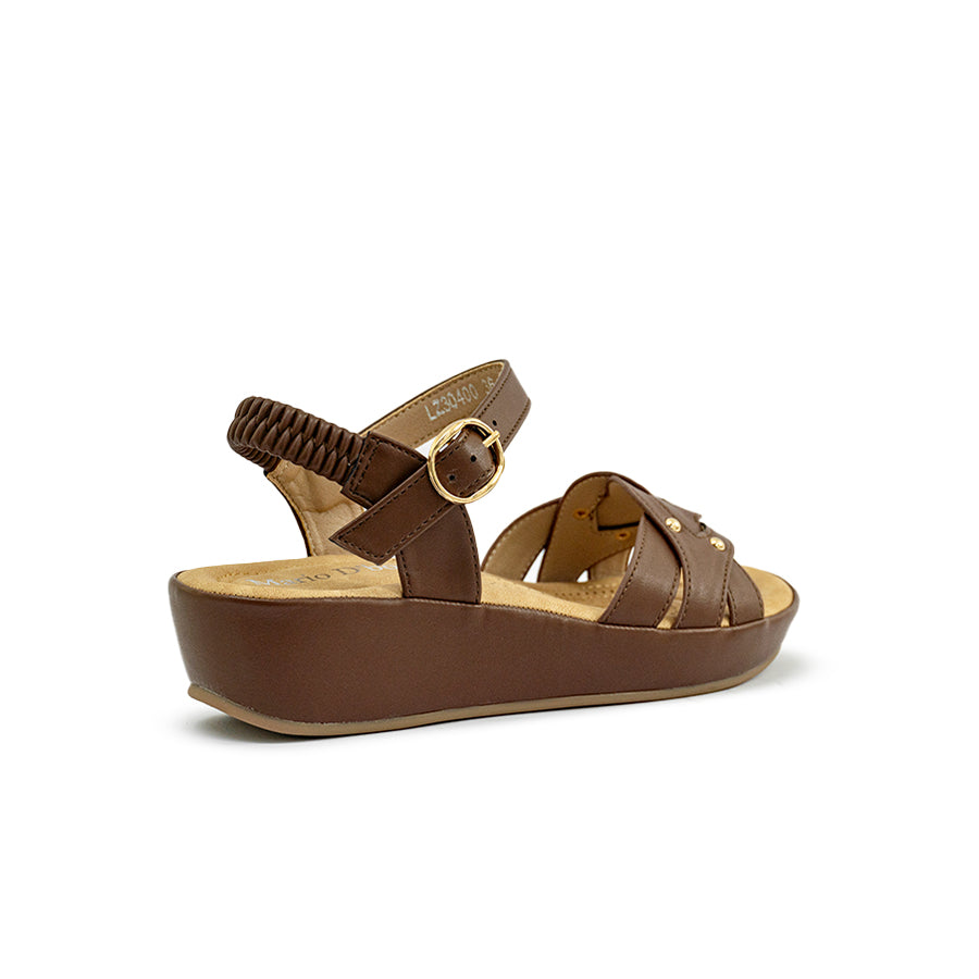 Mario D' boro Women's LZ 30400 C97 Beige / Dark Brown wedge sandal with ankle strap and decorative studs.