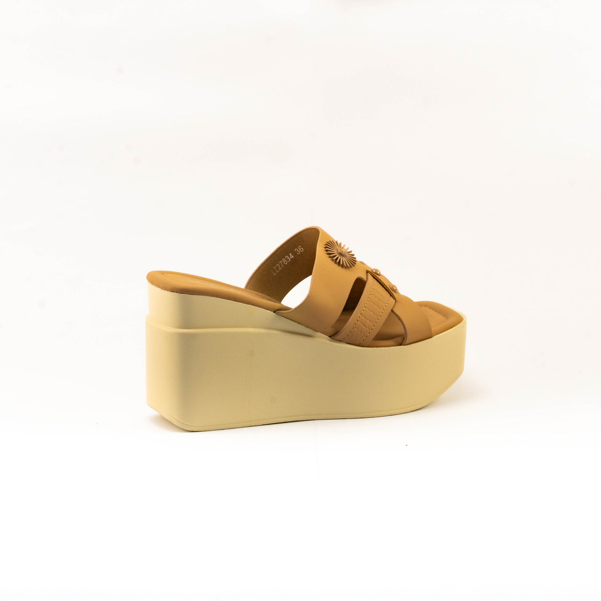 Mario D' boro Women's LZ 27834 C99 Beige / Black wedge sandals with platform sole and decorative sun emblem.