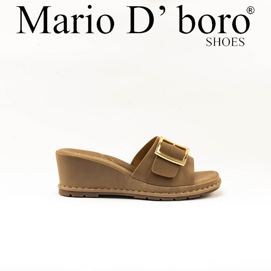 Mario D' boro Women's LZ 30445 C99 Black / Taupe wedge sandal with gold buckle strap.