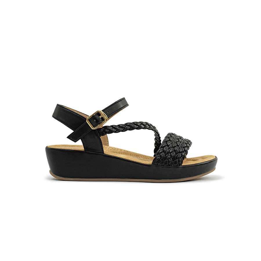 Mario D' boro LZ 30399 Black / White C97 braided wedge sandal with ankle strap and gold buckle.