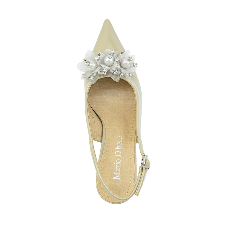 Mario D' boro LY 29665 C90 Brown / Taupe patent leather slingback high heel with pointed toe and decorative yellow flower embellishment.