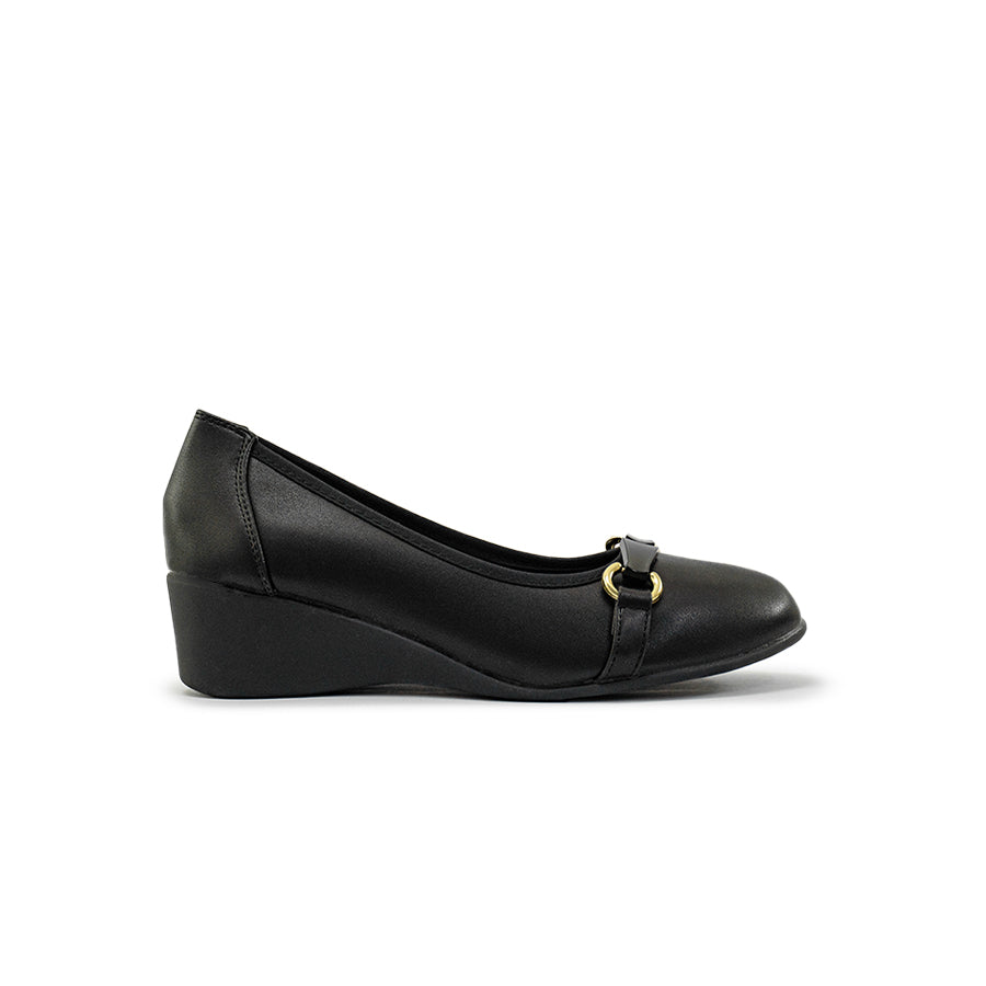 Mario D' boro Women's LZ 29681 C94 Black wedge heel School Shoes with gold buckle detail.